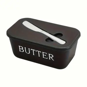 Butter box knife set with lid tray, suitable for countertops and refrigerator shelves. Plastic container with knife, easy to clean interior, dishwasher safe. Ideal for butter serving in the kitchen and baking.