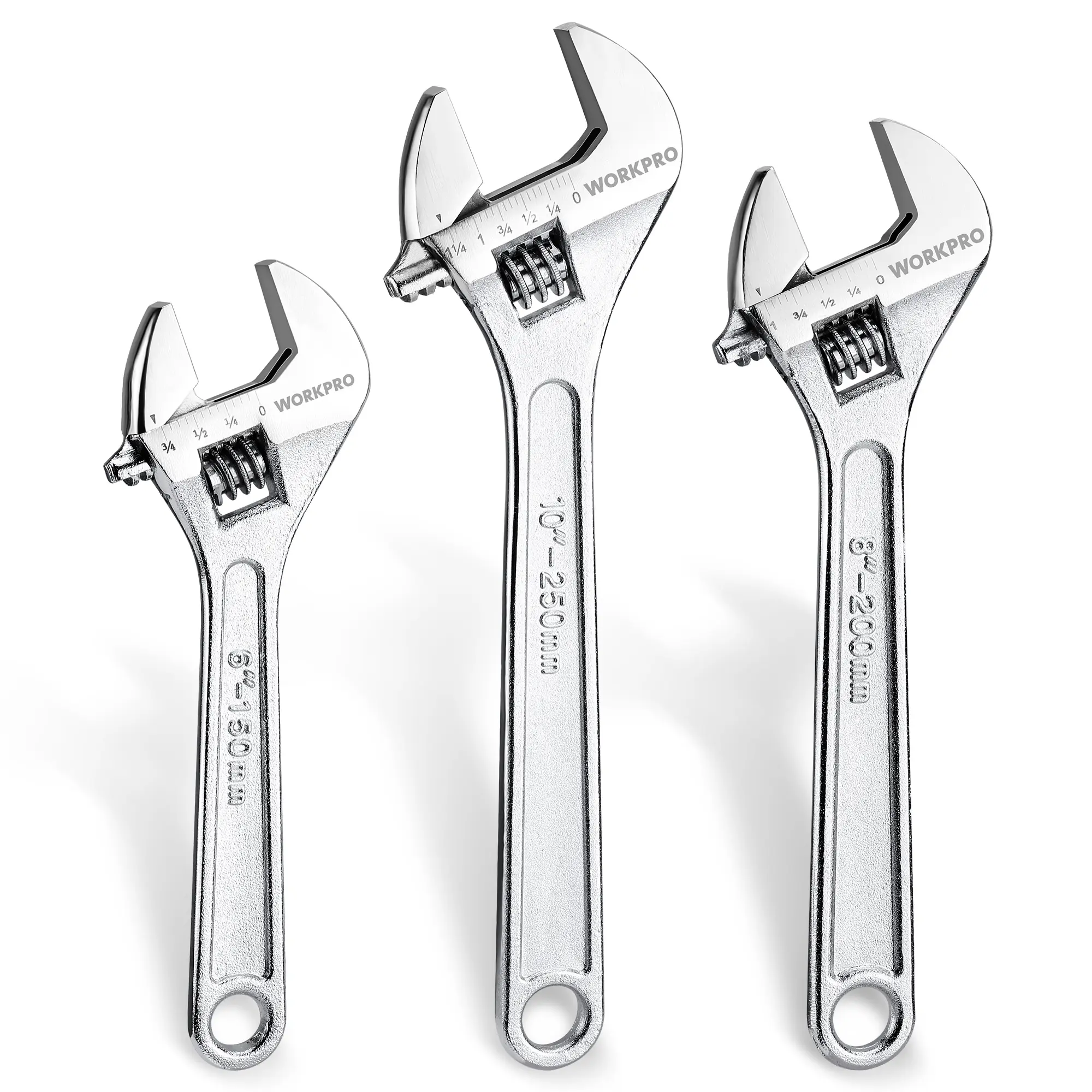 #backtoschool WORKPRO 3-Pack Adjustable Wrench Set, Forged Carbon Steel, Chrome-Plated, SAE & Metric Scale (6-inch, 8-inch, 10-inch)