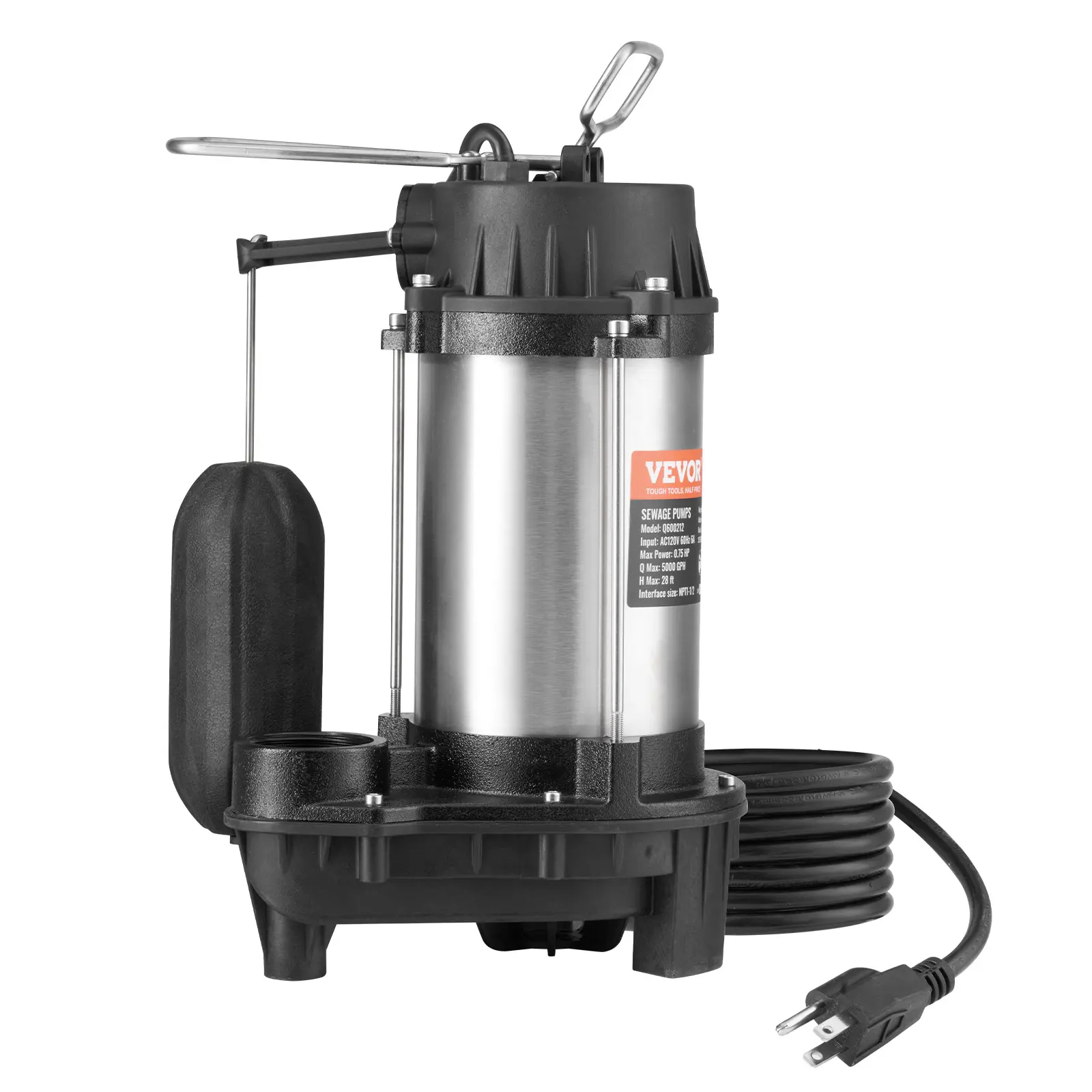 VEVOR Submersible Sewage Pump,  0.75HP 5000 GPH, Cast Iron Sewage Water Pump with 28 ft Lift 10 ft Power Cord and Automatic Float Switch, Stainless Steel for Clean Flooded Basement Yard Farm Sewer