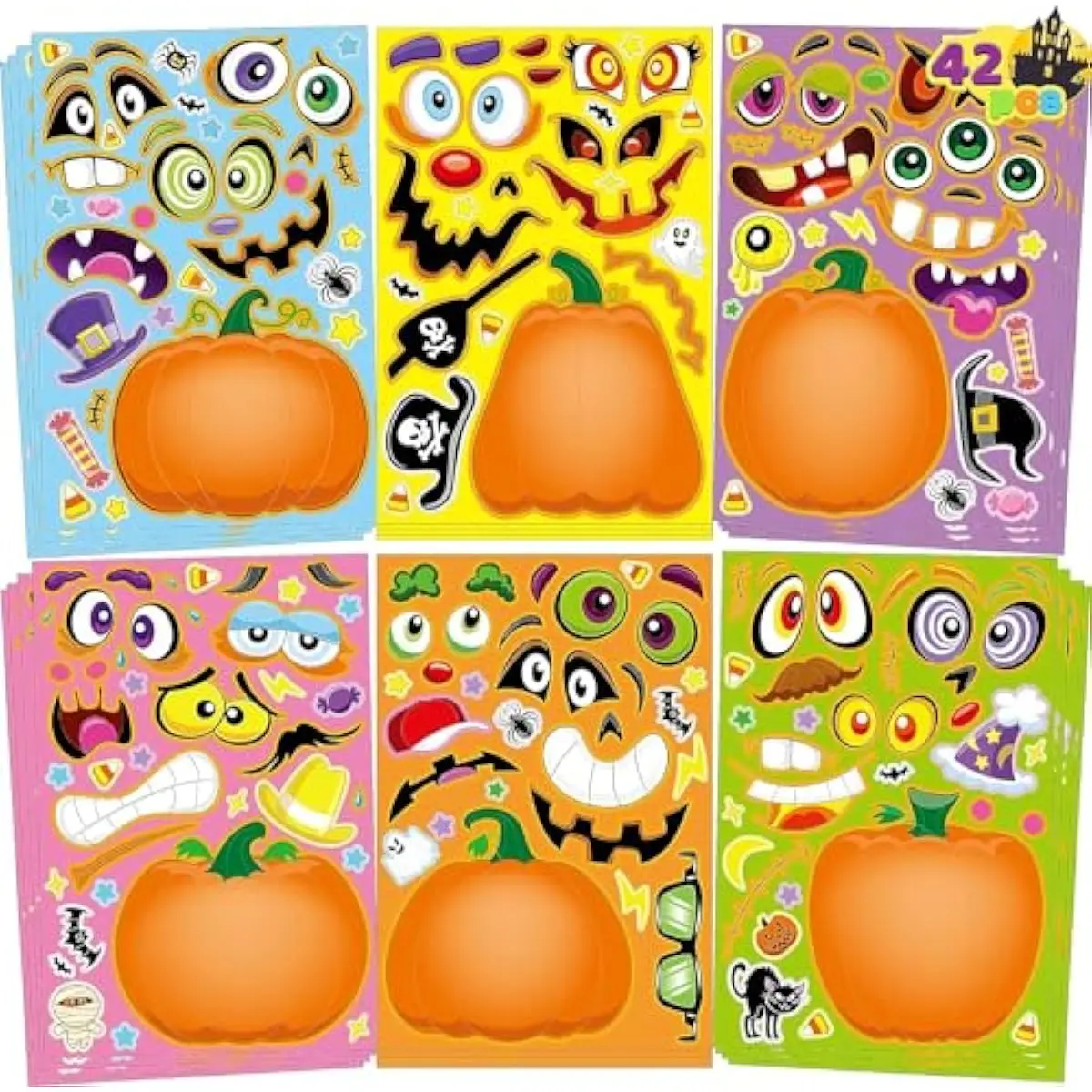42 Pcs Halloween Pumpkin Face Stickers, Kids Craft Party Supplies, Halloween Party Favor, Pumpkin Decorating Sticker Sheets with 6 Different Design, Classroom Activities Game Goodies Treat Gifts