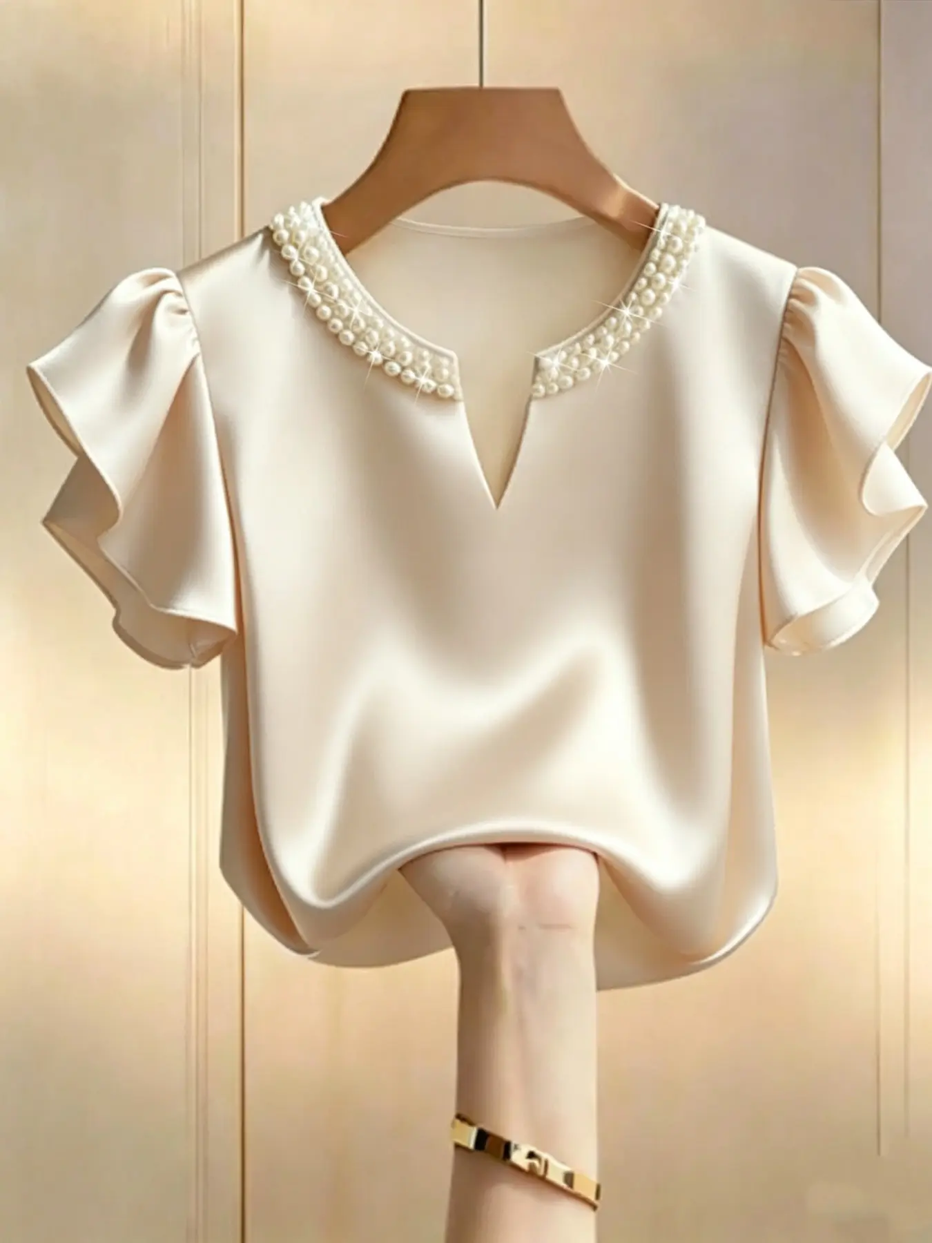 New Summer Lady Elegant Pearl V Neck Ruffle Sleeve Satin Short Sleeve Loose Shirt, Pearl Collar Elegant Commute Date Shirt