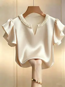 New Summer Lady Elegant Pearl V Neck Ruffle Sleeve Satin Short Sleeve Shirt Blouse, Pearl Collar Elegant Commute Date Shirt