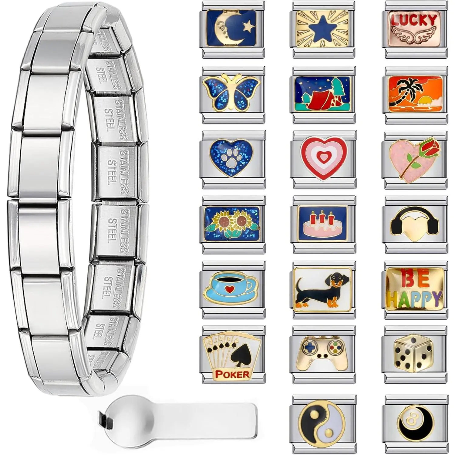 Italian Charm Bracelet with 10 or 20 Charms, Stainless Steel Adjustable DIY Charm Bracelet for Women & Men, Includes Opener Tool -  or  Options
