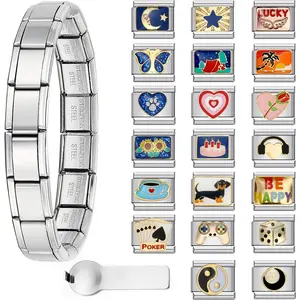 Italian Charm Bracelet with 10 or 20 Charms, Stainless Steel Adjustable DIY Charm Bracelet for Women & Men, Includes Opener Tool -  or  Options