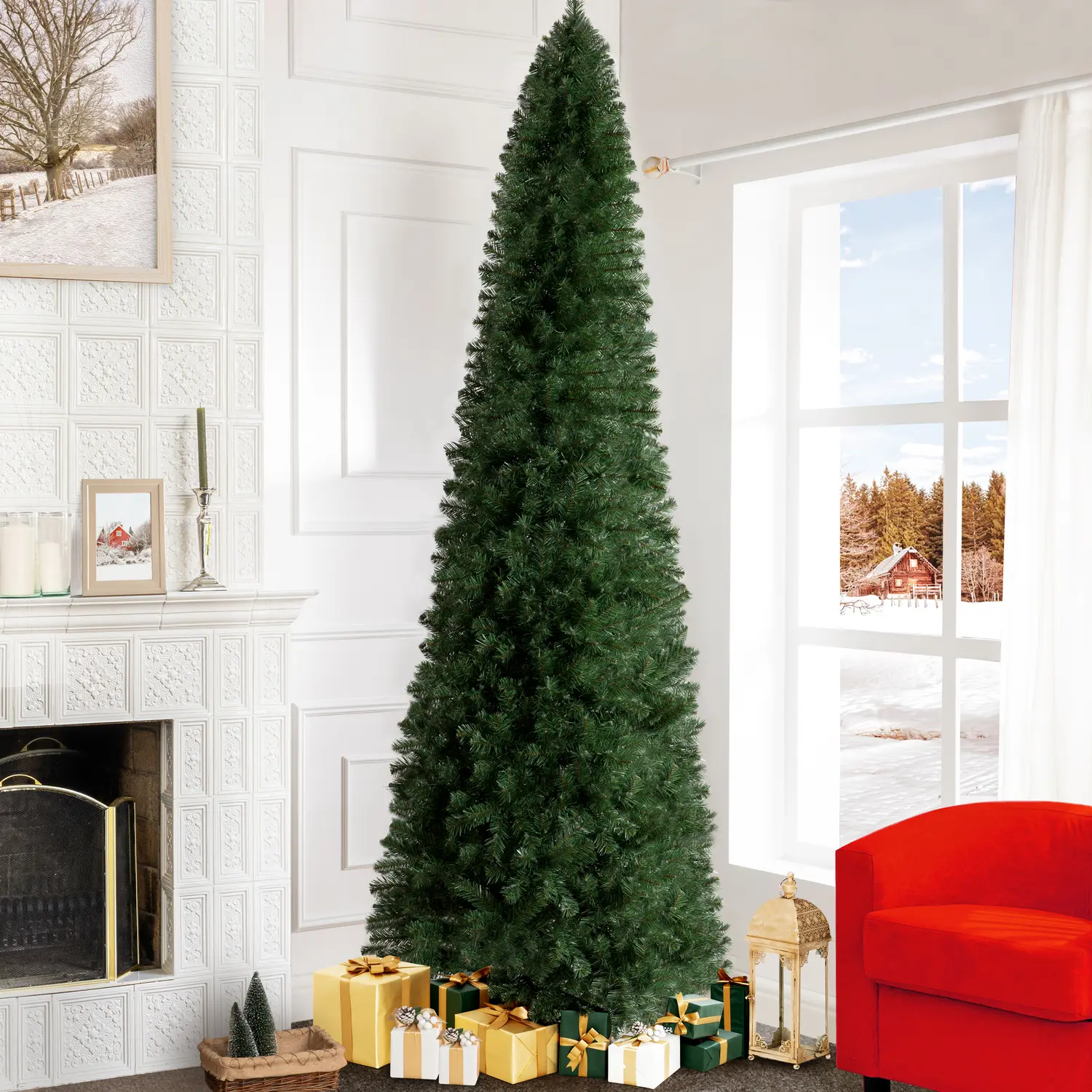 Classic 9ft Prelit Slim Artificial Christmas Tree Holiday Decor - 1455 Branch Tips, 500 Warm Fairy Lights, Sturdy Metal Stand, 37" Wide Realistic Skinny Pencil Tree for Topper, Ornaments & New Year's Eve
