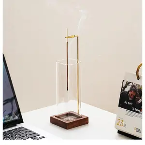 Ceremony Incense Holder, Wooden Incense Holder for Sticks with Glass Ash Catcher, Anti-ash Incense Burner with 20 Incense Sticks and a Ash Brush for Meditation Yoga Spa Room Decor