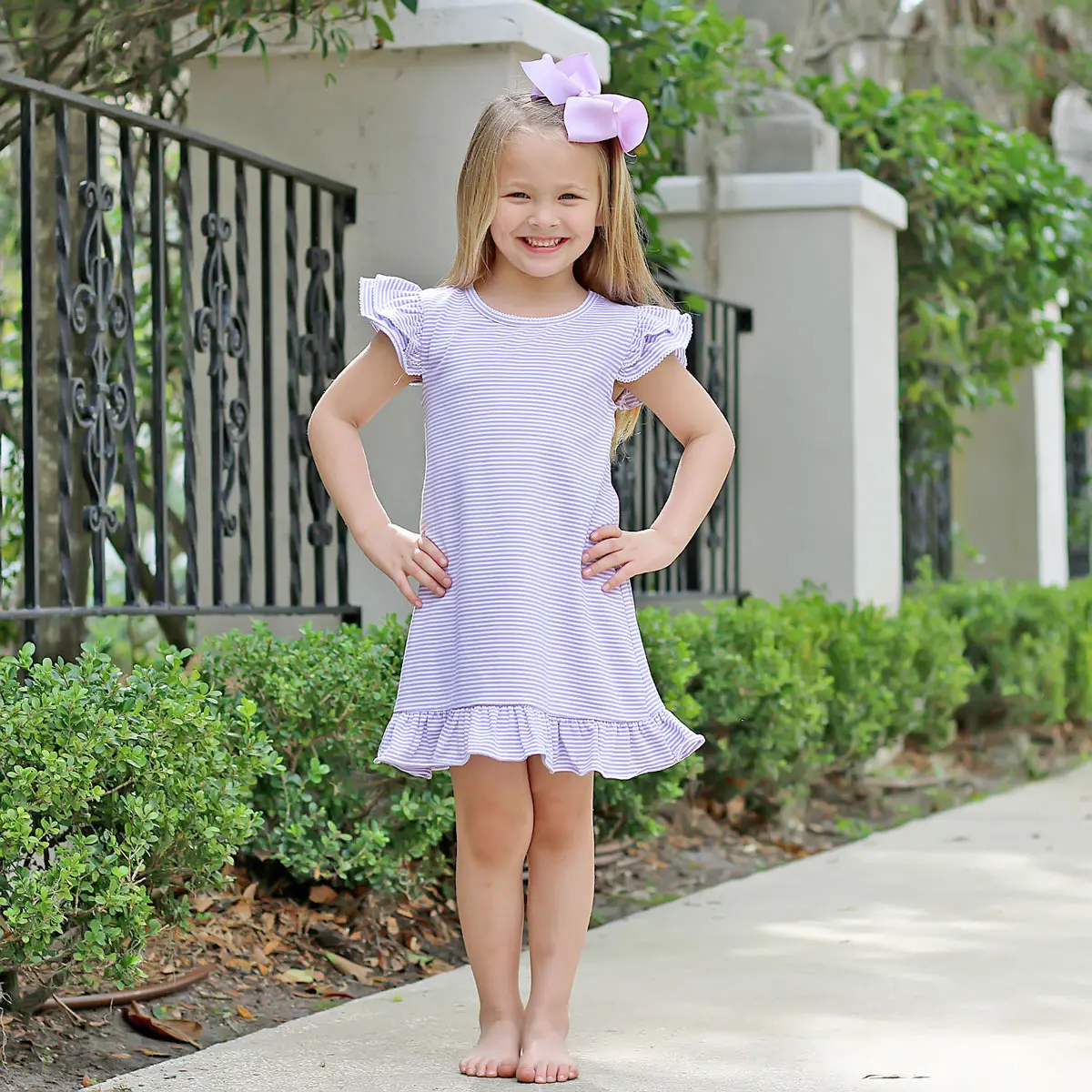 Lavender Milly Stripe Ruffle Dress - Soft Knit Girls Outfit for School or Play