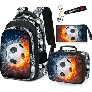 School Backpack for Boys - 4pcs Soccer Boys Backpack with Lunch Box Set for Kids Children Teens Elementary Middle School - 17″ Sport Book Bag Travel Back Pack for Age 6-18 back to shcool