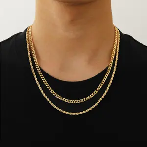 Gold Plated 2-Piece Cuban/Rope Chain Set Jewelry Gift for Boys, Stainless Steel Double Chain Necklace for Men, 18-24"/20-26"
