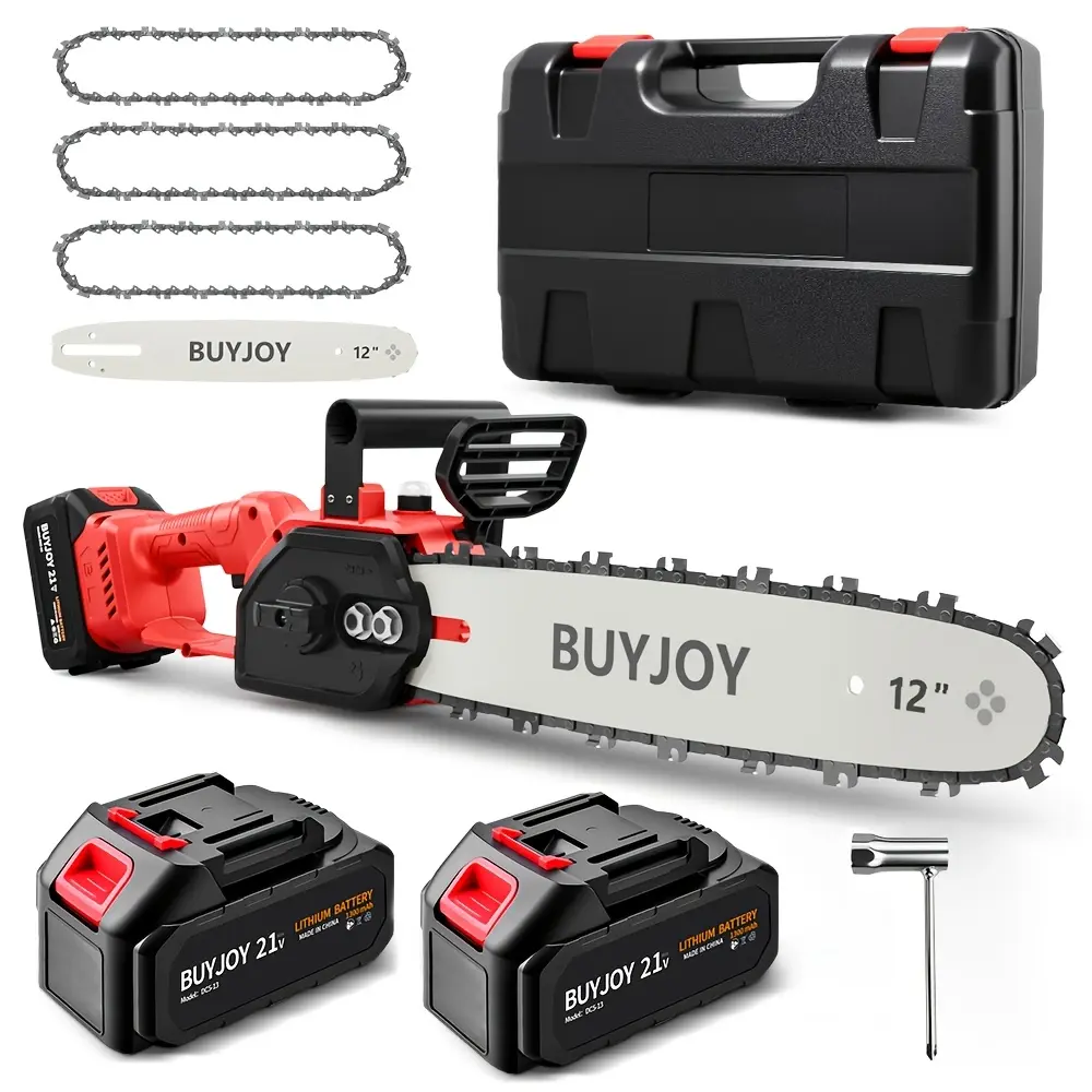 BUYJOY 12-Inch Cordless Chainsaw, 1200W Brushless Motor Battery-Powered Saw with Tool-Free Chain Tension Adjustment, Multi-Layer Safety Protection, Adjustable Speed for Tree Trimming & Firewood Cutting compatible condewalt garden pruning petrol