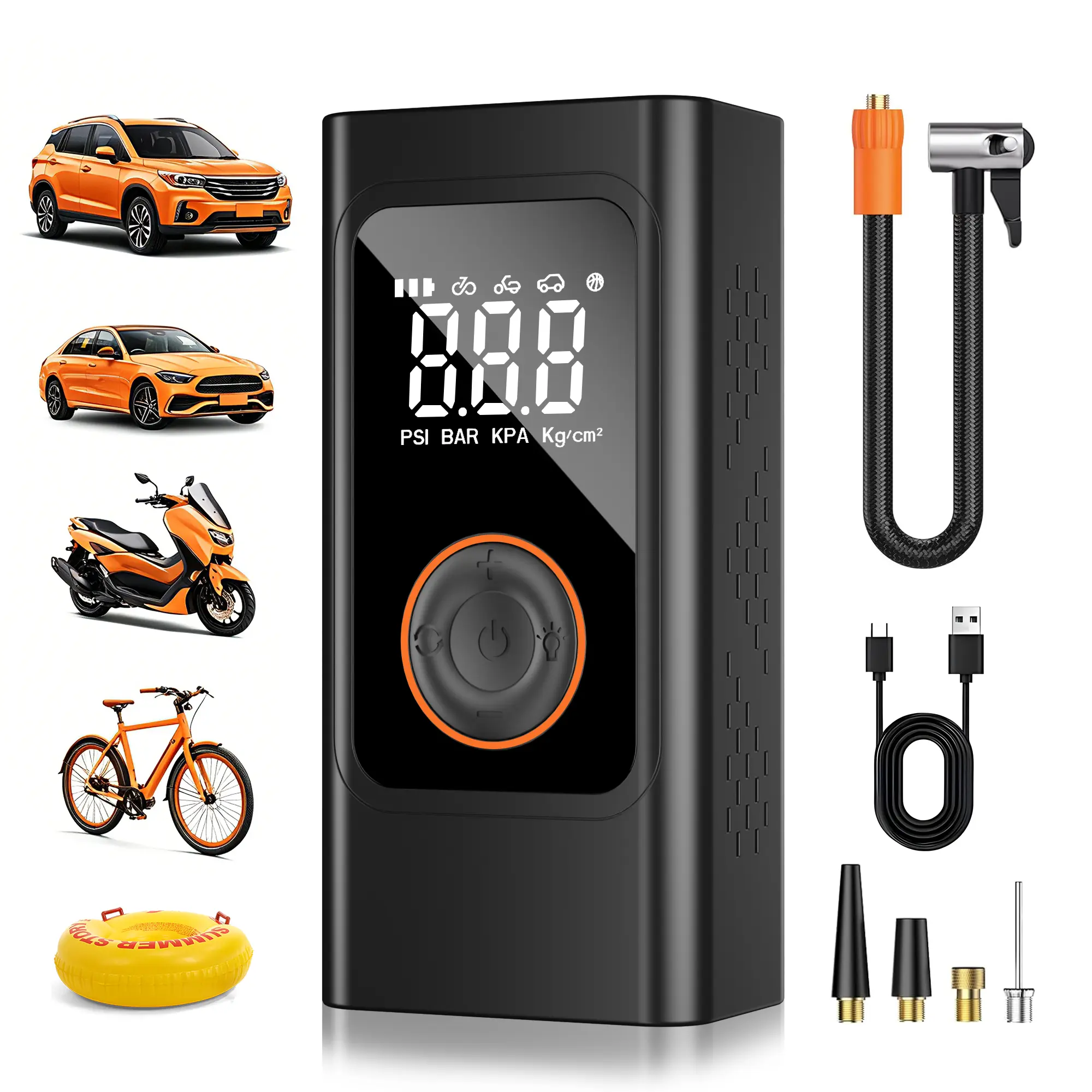 Portable 150PSI Tire Power Car Air Compressor - Cordless Rechargeable Automotive Maintenance Tool with Digital Pressure Gauge, LED Night Inflate Light, 3X Faster Inflation (1min 30–36psi), USB Type-C, 4 Nozzles for Cars, Motorcycles, Pump Tire Function