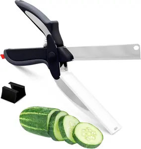 Multifunction 2-in-1 Food Cutting Scissors with Built-In Cutting Board, Sharp Stainless Steel Blades, Ergonomic Grip, Safety Lock, Dishwasher Safe - Kitchen Prep Tool for Veggies, Meat; Lighter Outdoor Accessory