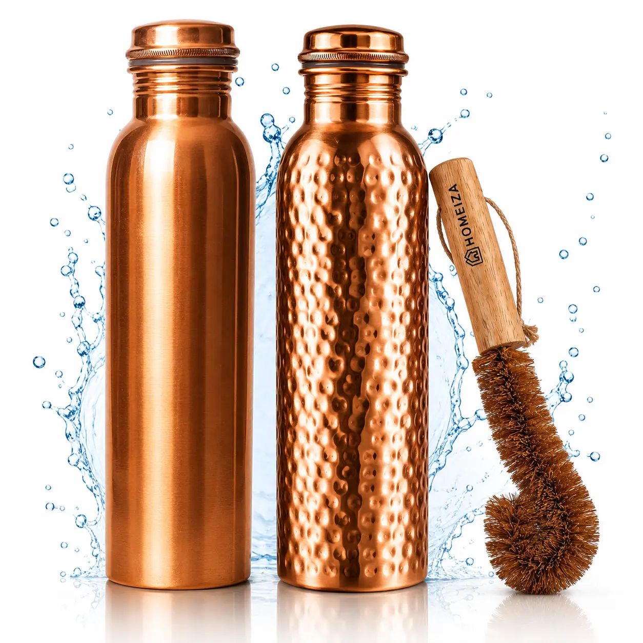 100% Pure Copper Water Bottle - 34 oz (1L) Plain & Hammered, Leak-Proof Handcrafted Drinkware with Ayurvedic Benefits, Includes Cleaning Brush for Home & Office Use Pinnaclex