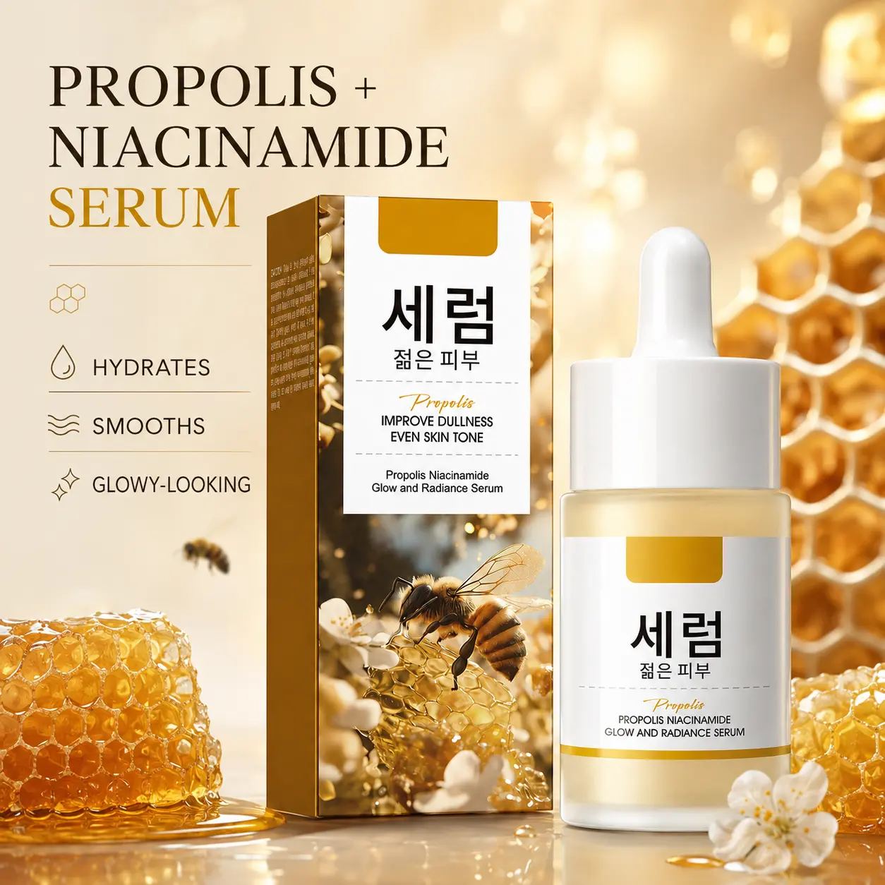 3-Pack Propolis & Niacinamide Facial Serum, Lightweight Hydrating Face Serum for Smooth, Radiant-Looking Skin, 3 x 30 mL