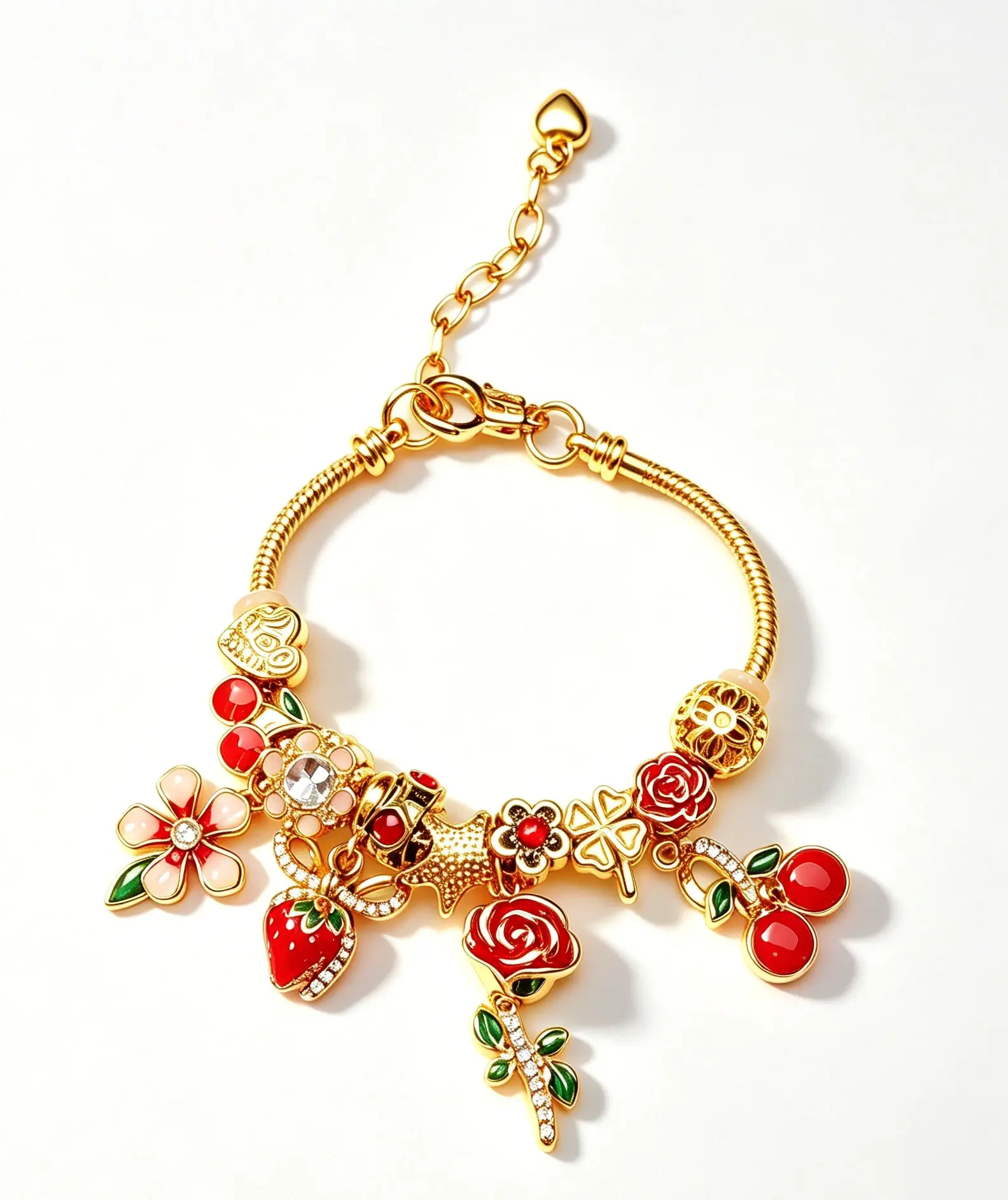 Sweet Garden Charm Bracelet - Gold Plated with Enamel Rose, Strawberry & Cherry Pendants Exquisite Bracelet Flower Bracelet