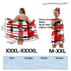 Women's Bath Towel Head Wrap Set, White with Red Black Gray Stripes & Heart Checkered Pattern, Adjustable Plus Size (M-XXXXL) Large Bath Towels for Spa Home Bathroom, Valentine's Day Gift, Soft Absorbent Towel Set