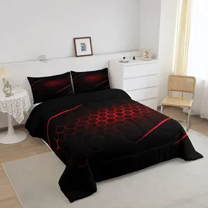 3-piece honeycomb comforter set, hexagonal printed bedding, Modern bedding set, geometric honeycomb red comforter set, down comforter set, comforter insert set with 200g filling, includes 2 pillowcases, room decor, soft and warm all seaso