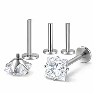 Titanium Princess Cut Labret Stud Earrings for Piercings by Ginger Lyne Solitaire Cz 6Pc Set G23 Screw Front Flat Back Body Jewelry 2 pair post 6mm, 8mm Cartilage, Helix, Tragus, Lip, Conch, Lobe