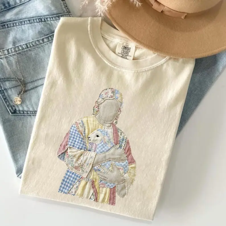Comfort Colors Jesus Faux Patchwork TShirt, Easter Cross Tee, He Is Risen Christian T-Shirt, Faith Gift for Christian Apparel Tee EA12