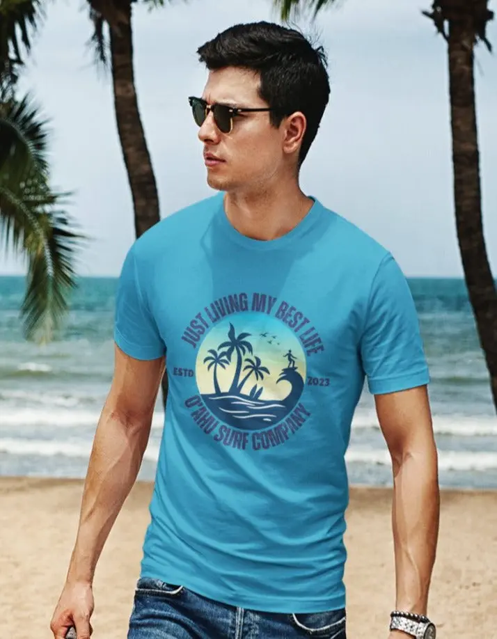 O'ahu Surf Company Living My Best Life T-shirt - Tropical Surf Design for Men and Women - Man, Casual graphic tee