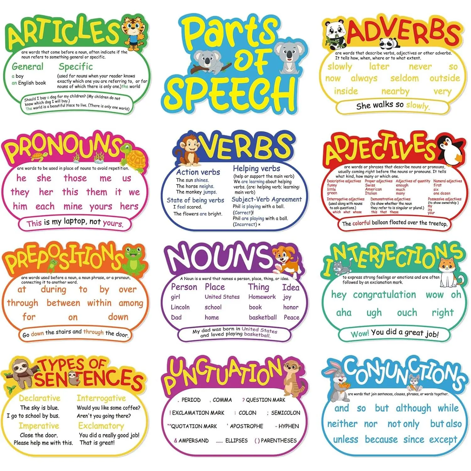 12 count Parts of Speech Posters Grammar Poster Educational Grammar Cutouts Bulletin Board Set English Grammar Chart Language Art Bulletin Board Decor (Bright Color,)