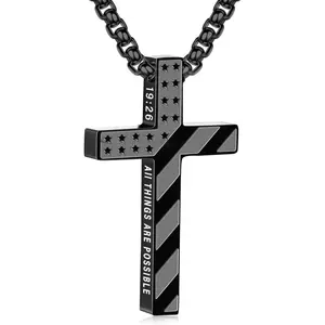 Cross Necklace for Men Boys American Flag Easter Basket Stuffers Confirmation Bible Verse Stainless Steel Chain Pendant Religious Christian Jewelry Gifts 22+2 Inches Gifts