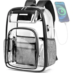 Clear Backpack Transparent Backpacks with USB  Port for 15.6'' Laptop Large Heavy Duty PVC School Bookbag Stadium Approved See Through Backpack for Women Men  Travel Work  College