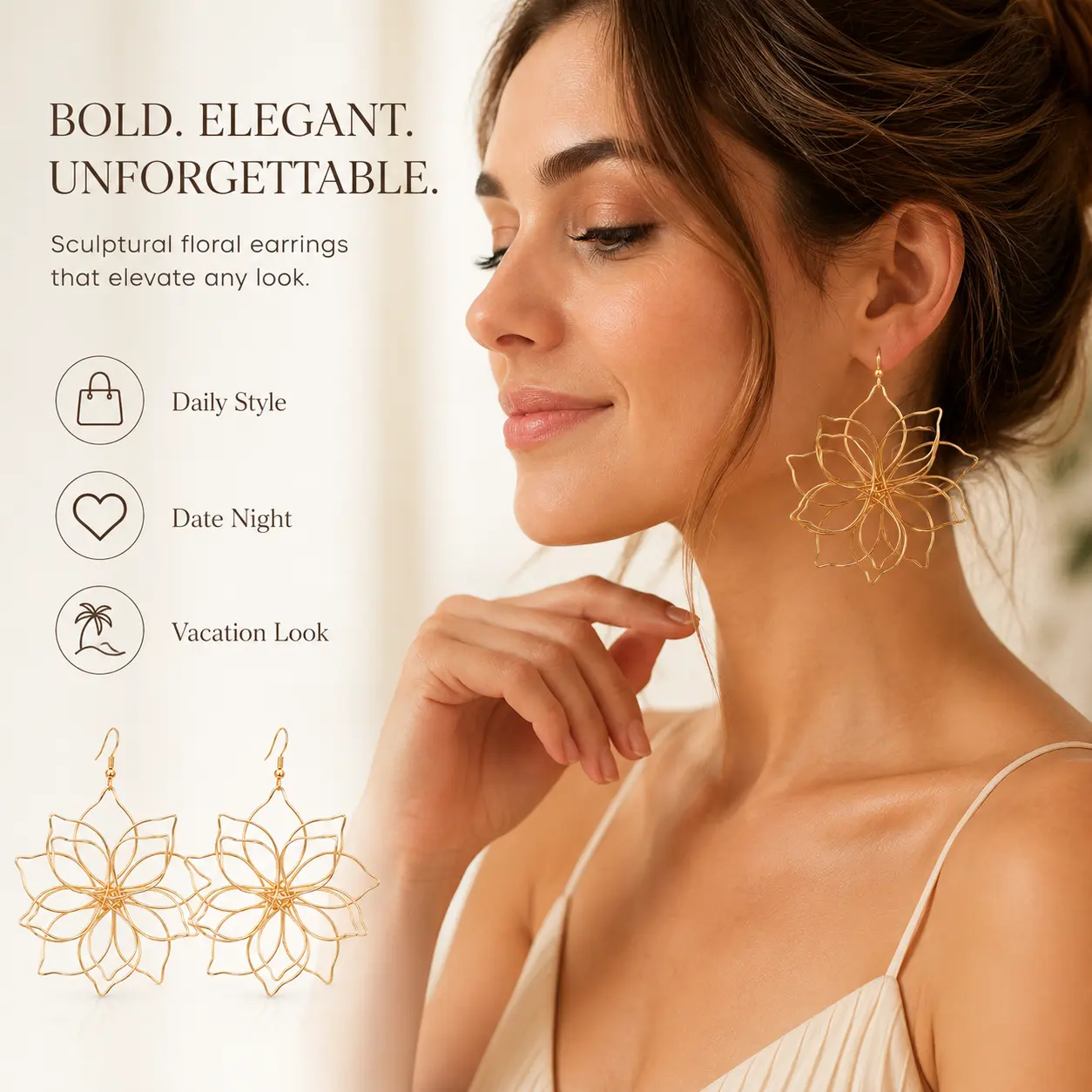 Women's Art Flower Earrings - 6 cm Gold & Silver Wire, Sparkling, Elegant, Lightweight, Comfortable, Versatile, Female Evening Costume Jewelry Accessory, Ideal Summer Gift for Daily Wear & Special Occasions