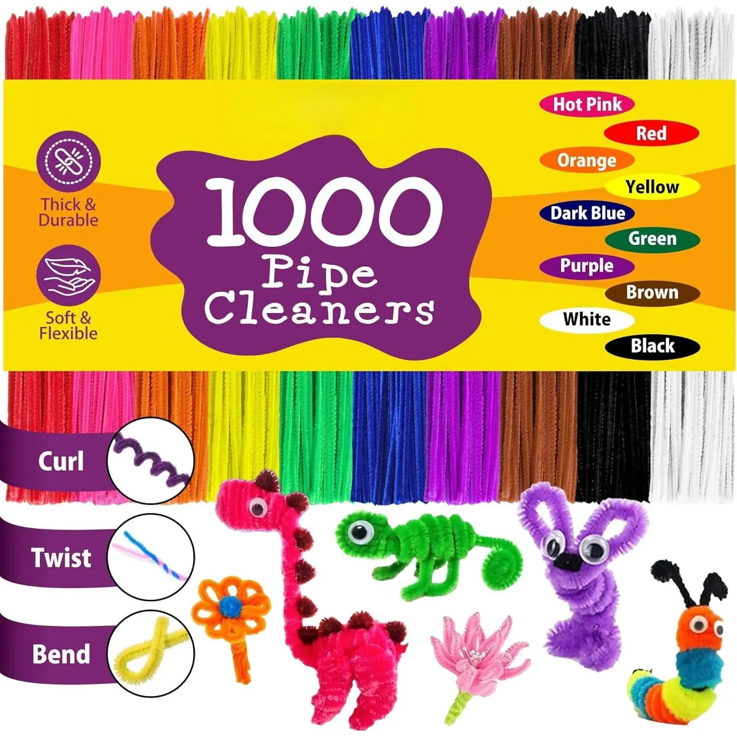 Pipe Cleaners Craft - 1000 count Multi-Colored Chenille Stems, 6mm x 12 Inch Fuzzy Sticks, 10 Assorted Colors for DIY Arts and Craft Projects and Decorations