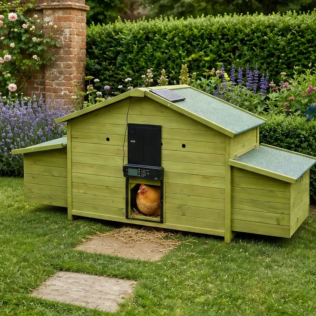 Solid Wood Chicken Coop with Solar-Powered Automatic Door, Timer & Light Sensor, Weatherproof Outdoor Hen House with 2 Nesting Boxes, Pull-Out Tray, Remote Control, Ventilated Design, Green, 70" D x 27.9" W x 31.8" H, Green Color Options