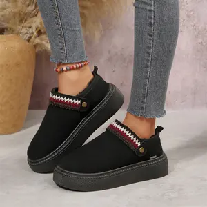 Trendy Slip - On Slippers for Women Plush Lined and Embroidered Mini Snow Boots Winter Warm Indoor Outdoor Waterproof And Anti-Slip Shoes