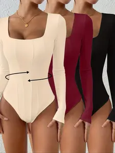 Elegant Women's Square Neck Long Sleeve Jumpsuit Set, Comfortable Fashion Fabric, Versatile Layering Option, All-Season Wear Bodysuit