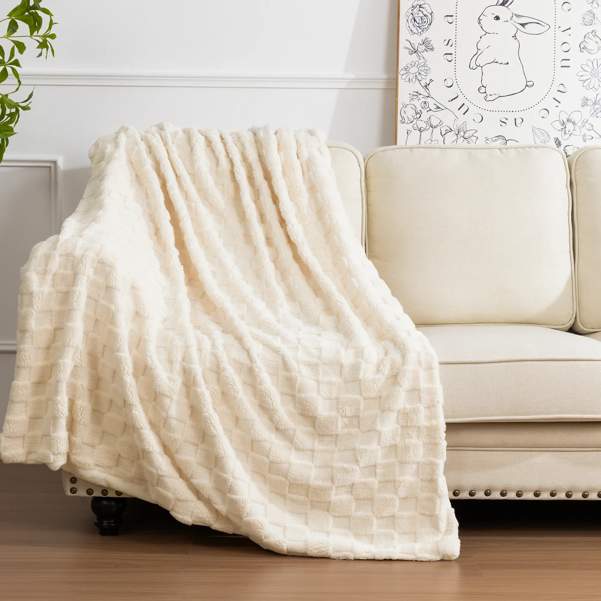 [Back to School] HEBE Fleece Throw Blanket - Cozy Warm Fluffy Microfiber Flannel, 3D Checkered Design, Lightweight All-Season, Wash & Tumble Dry for Couch & Bed, Home Decor