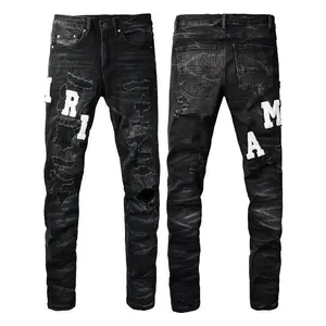 StreetJeansEmbroideredLettersRippedMessyThreadPatchStretchSlimFitPantsCasualCottonBlackDenim
