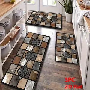 2/3 Piece Flannel Kitchen Mat Set, Vintage Metal Embossed Tile Pattern, Non-Slip, Absorbent, Home Decor