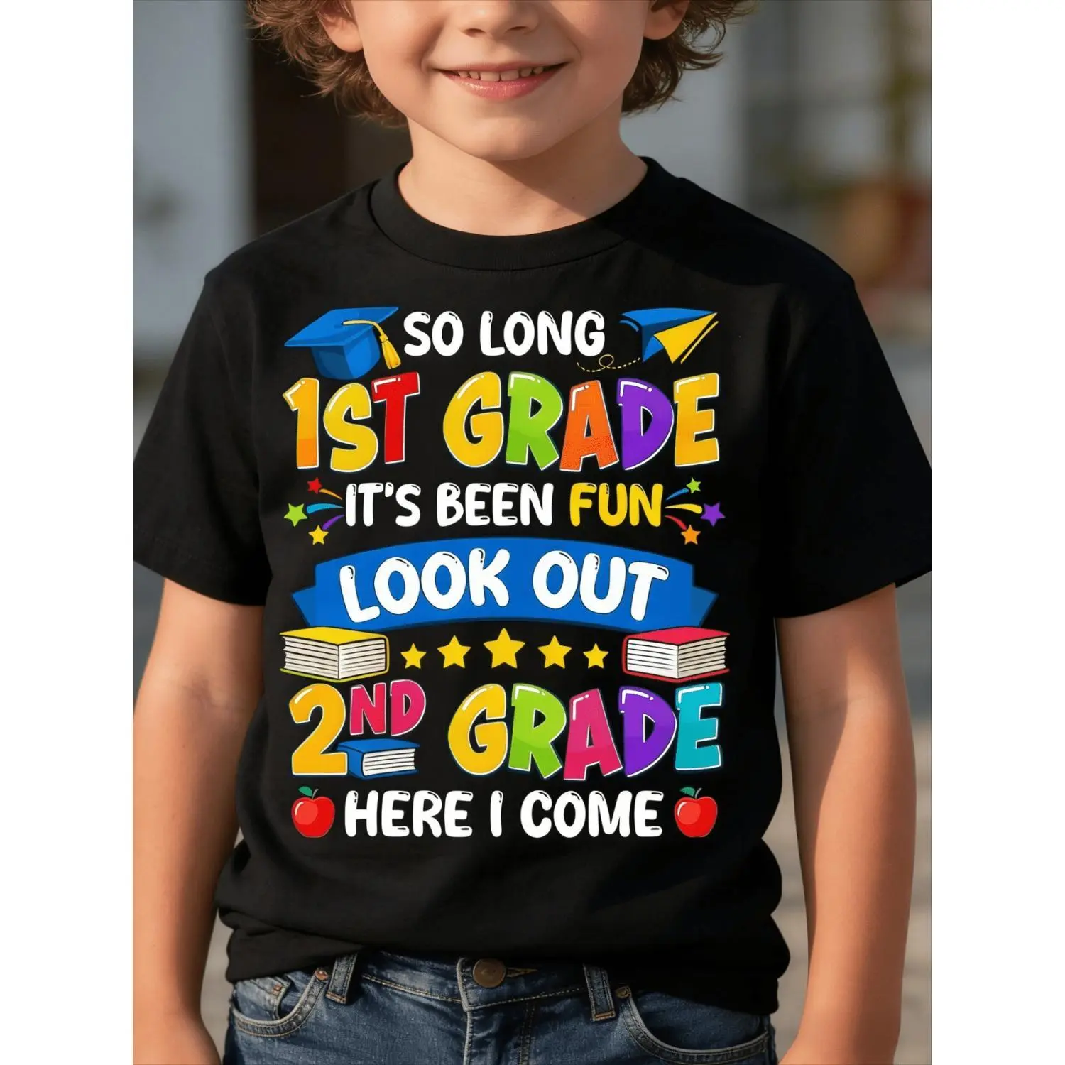 Boys' Cute Design 100% Cotton Short-Sleeve Graphic T-Shirts - CPSIA Safe Breathable Tee, Kindergarten Graduation & 1st Grade Transition Outfit, Kids' Clothes, Schoolwear, Casual Wear