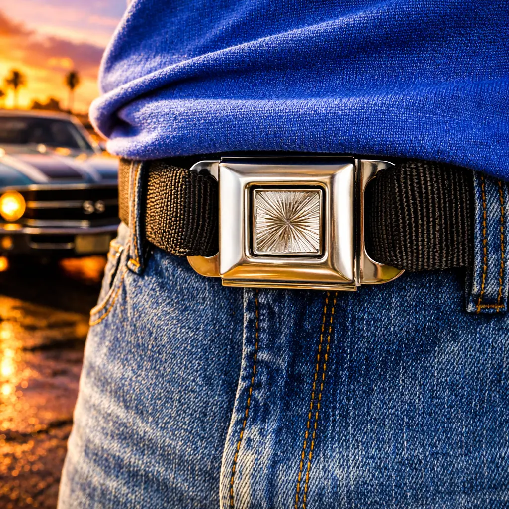 Vintage Seatbelt Belt - Starburst Edition, Polished Chrome-Led Buckle, High-Quality Polyester Webbing, Unisex, Adjustable Fit