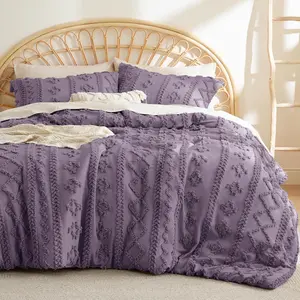 Tufted Boho Comforter Queen Size - Grayish Purple Boho, Farmhouse Embroidery, Gifts for Woman, Jacquard Queen Comforter for Seasons