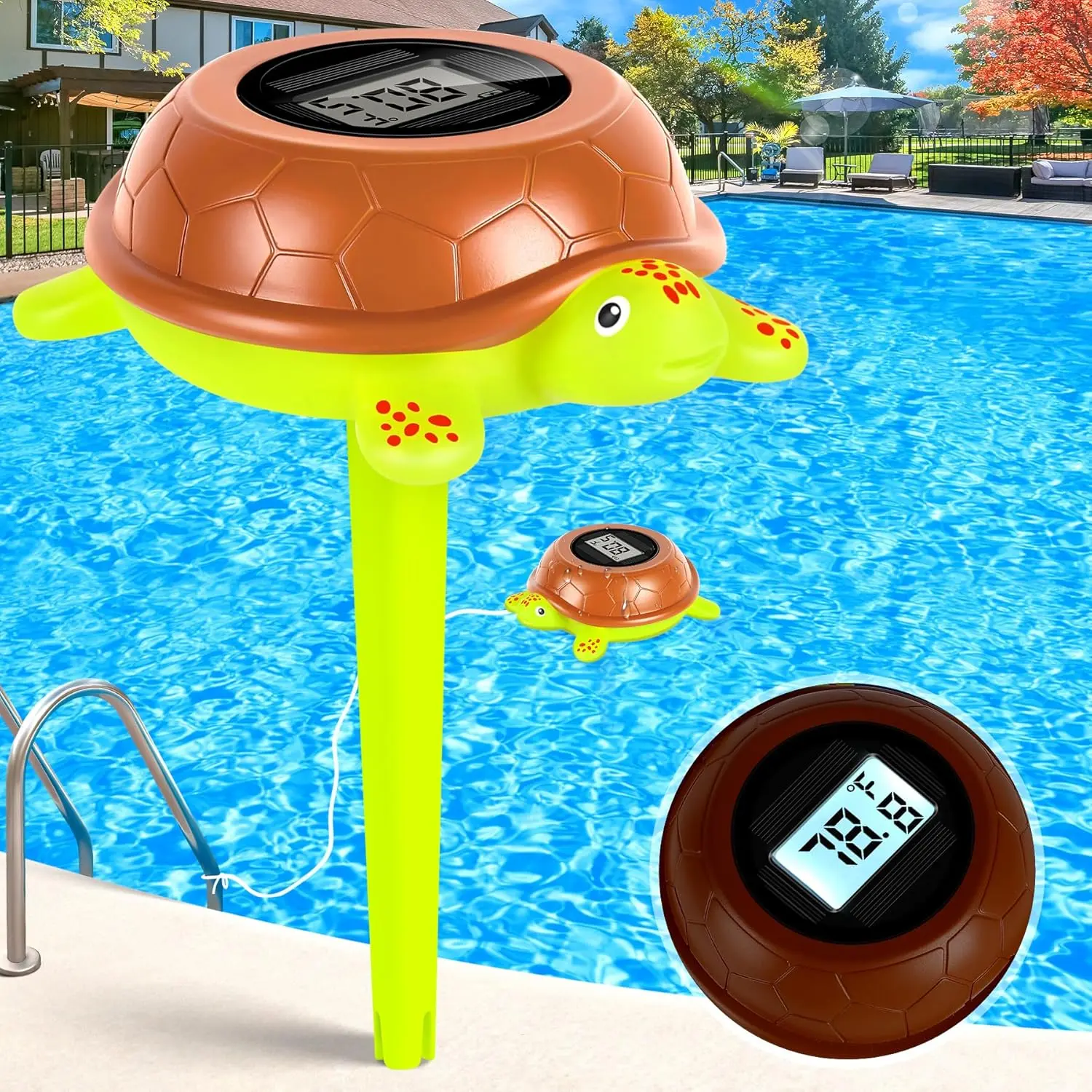 Solar-Powered Digital Pool Thermometer for Family, Floating IP68 Waterproof Plastic Turtle Shape with Large LCD Backlit Screen, Rope, Ultra-Precise Reading, ABS Shell Single Unit for Hot Tub, Fish Aquatic Spa