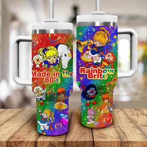 Rainbow Brite Cartoon Tumbler 40oz with Handle, Colorful 80s Aesthetic Cup, Cute Fantasy Character Fan Gift, Retro Kids Show Mug, Bright Rainbow Theme Travel Mug, Stainless Steel Tumbler