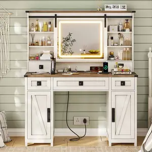 SIKAIC LED-Lit Makeup Vanity Table - Rustic Look Farmhouse Vanity Desk Furniture with Wood Frame, Lights and Sliding Mirror for White Home Decor