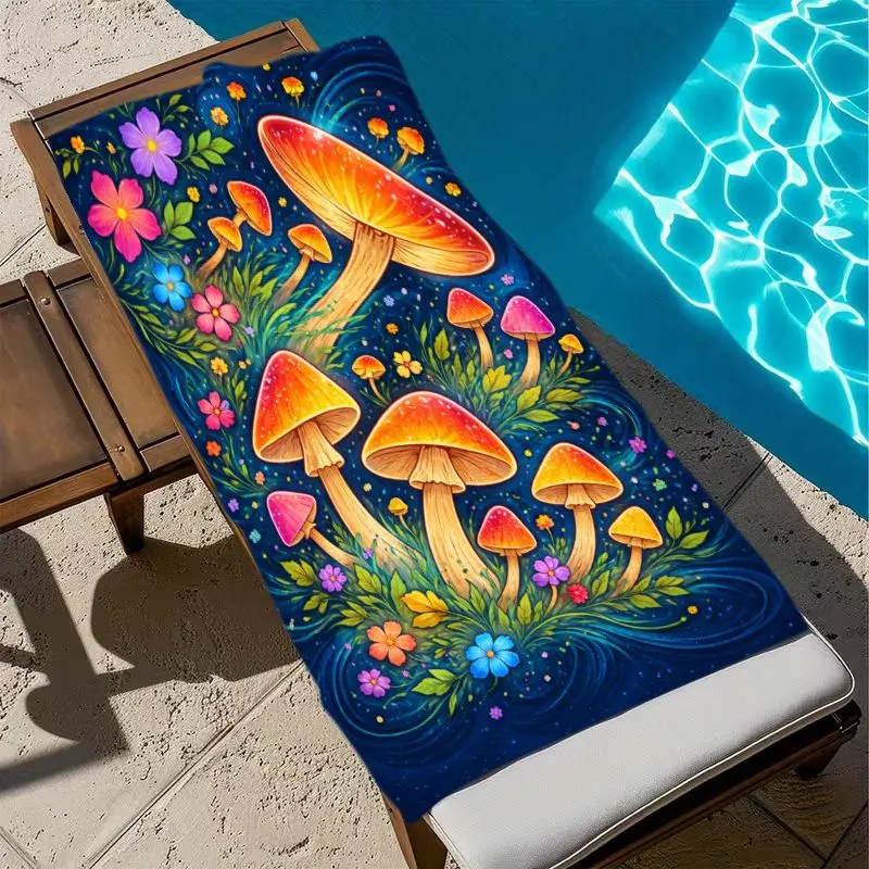 Psychedelic Folk Art Mushroom Print Beach Towel - Deep Inky Blue Starry Suitable for Beach, Pool, Travel, Sand-Free Quick-Dry Absorbent Towel with Bucket Hat Matching Style, Light Slate Blue for &, Bathing Quick Drying Absorbent