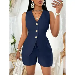 Elegant Solid Color Pants Set Single Breasted V Neck Vest Simple Shorts For Summer Womens Clothing Knit Suits(Sheet)