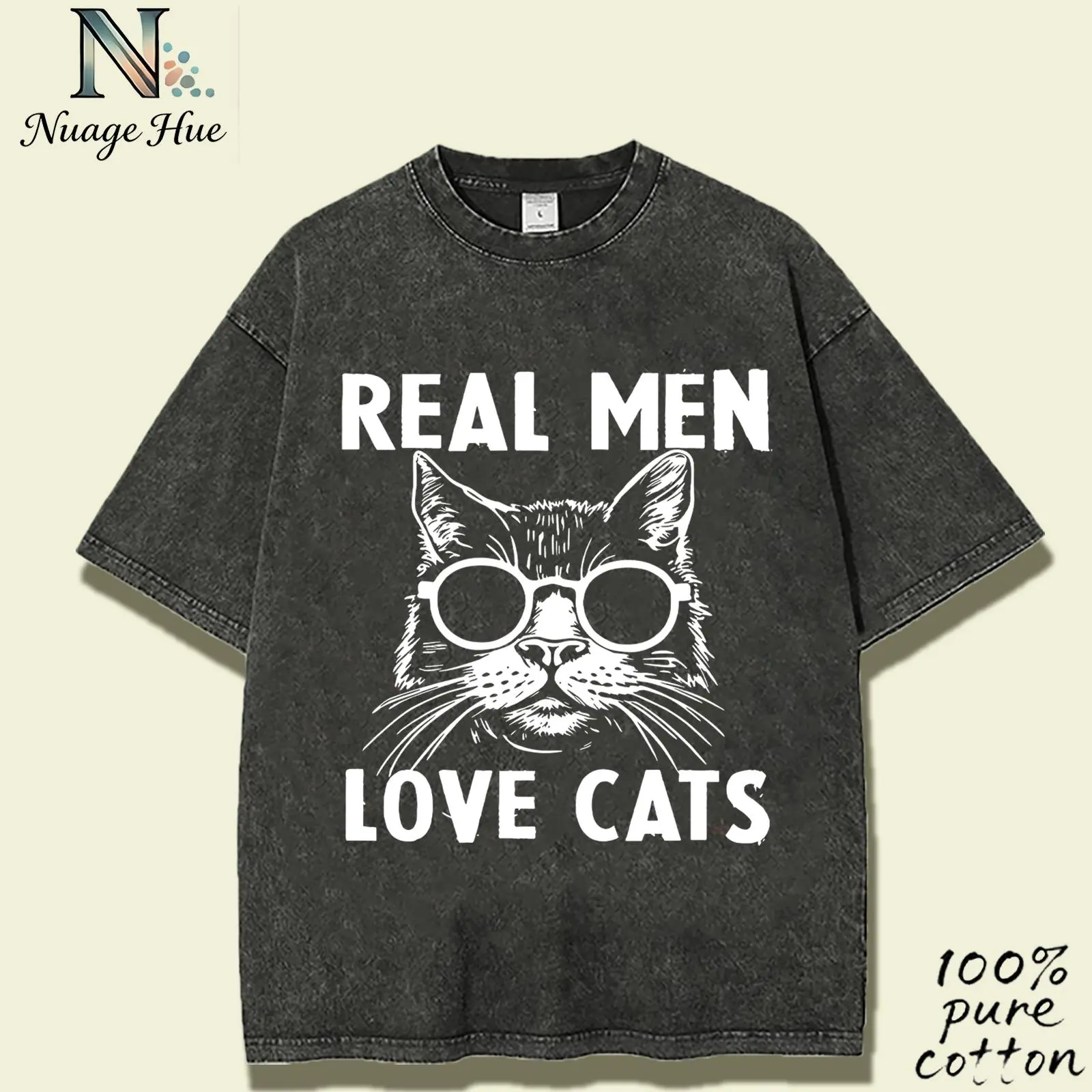 Men's Fashion Hand Drawn Kitten Printed Women's T-shirt Washed T-shirt Pattern T-shirt Cute T-shirt TikTok Shop Deals