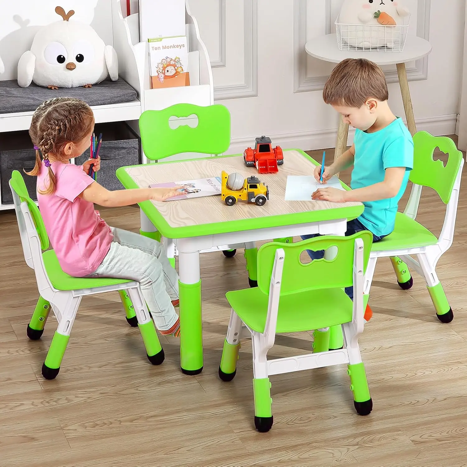 Toddler Table and Chairs Set for 4, 23.6''L x 23.6''W Kids Study Table and Chair Set, Height-Adjustable, Graffiti Desktop, Children Activity Table for Daycare, Classroom, Home Furniture Stools