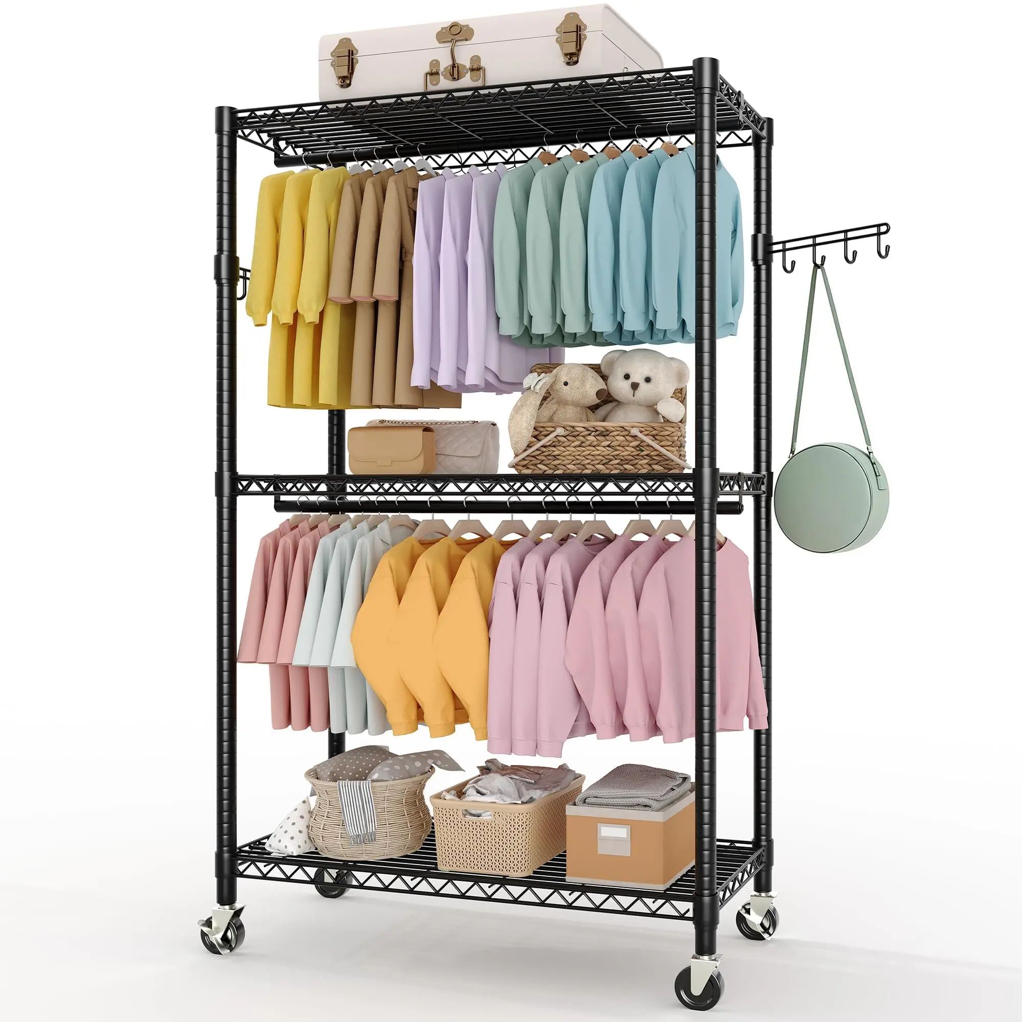 Garvee 3 Tier Clothes Rack with Wheels, Adjustable Shelves & 2 Hanging Rod, Heavy Duty Clothing Rack Closet Organizer Freestanding Wardrobe for Hanging Clothes, 79.6" H x 45.3" W x 15.8" D, Black