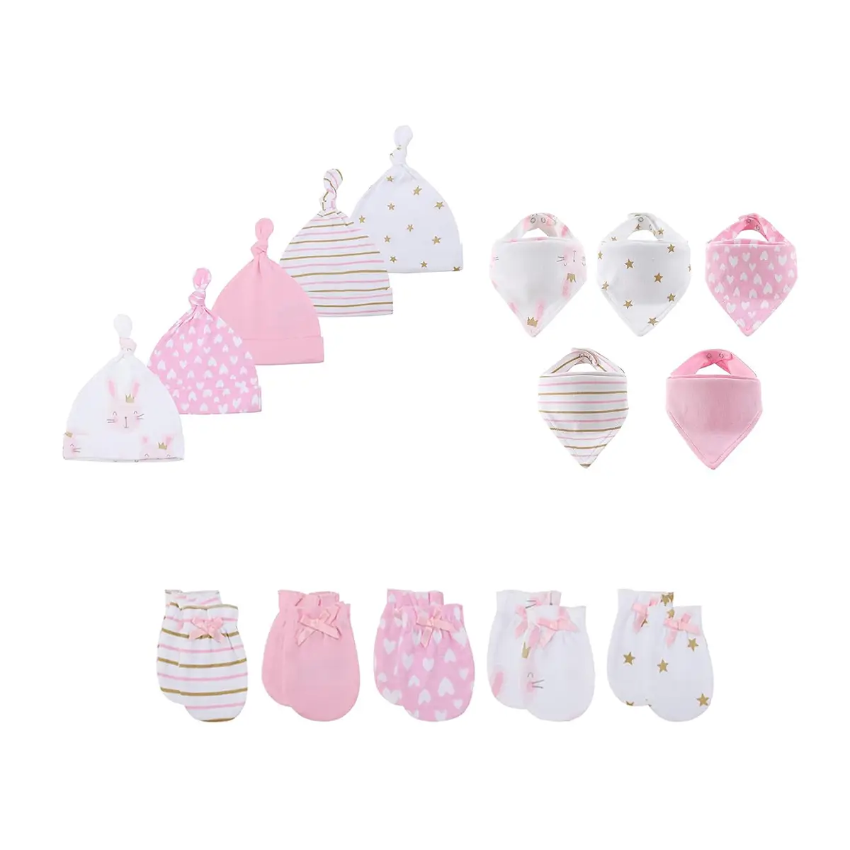 15 Pieces100% Cotton for Baby Boy and Girl Cute Soft and Comfortable Gift Set Hat+Gloves+Baby Bibs
