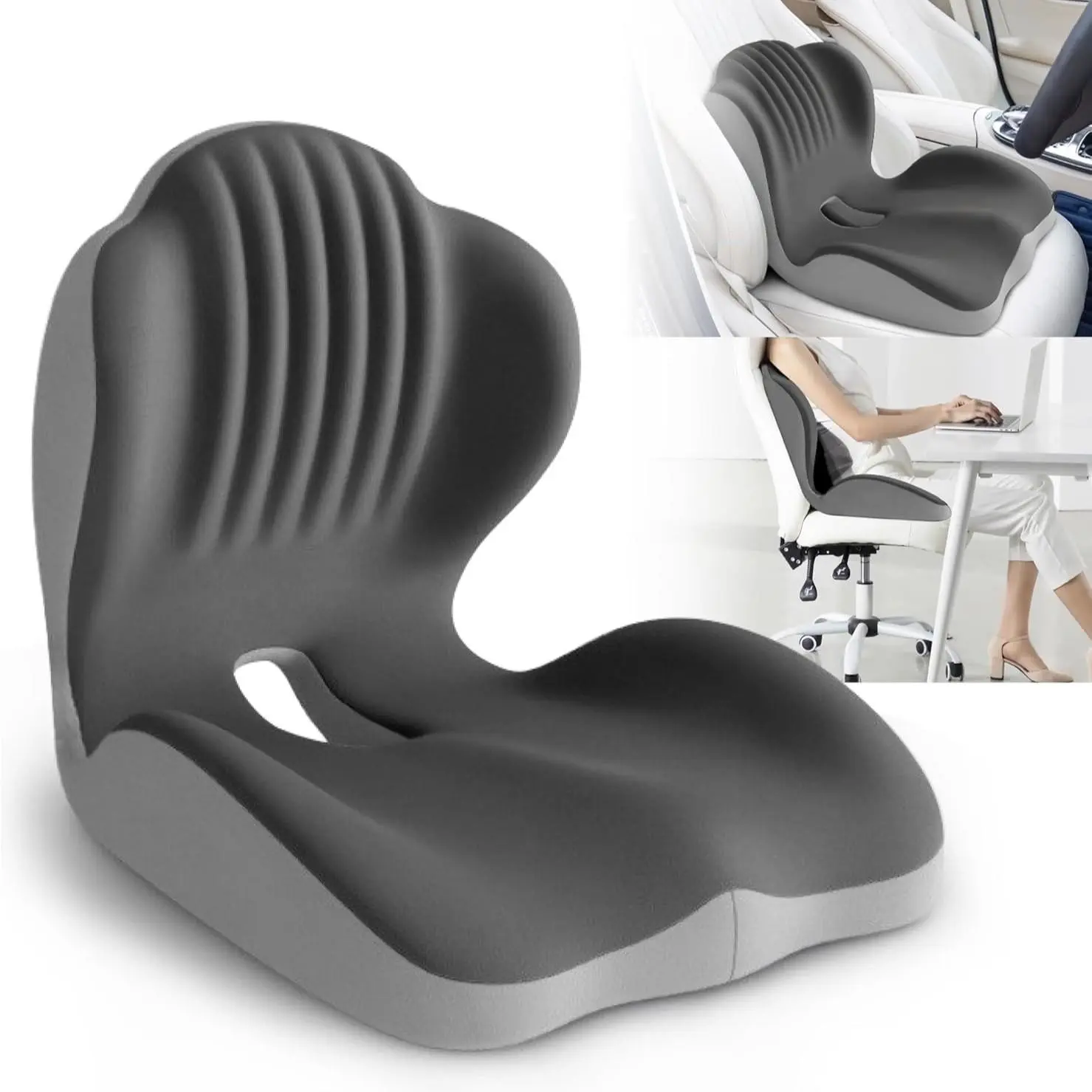 1 PC Adjustable Ergonomic Shell Memory Foam Padded Seat Cushion, Extended Back Design, Soft Support, Comfortable Sitting, Suitable for Office Chairs, Car Seats, Home Use