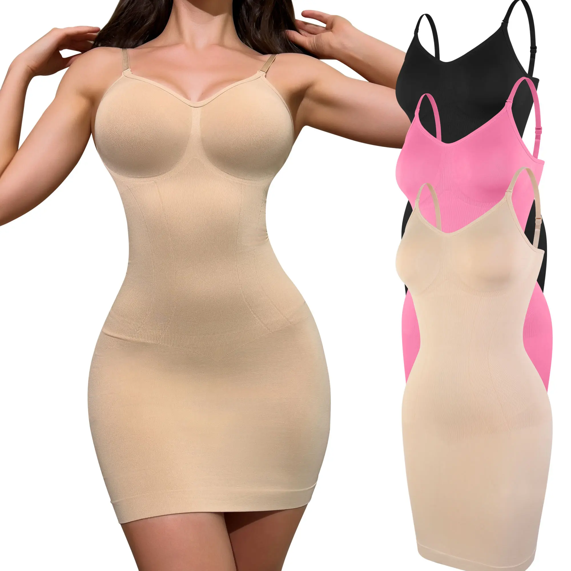 Women's Tummy Control Cami Slip, V-Neck Spaghetti Strap Body Shaper, 85% Polyamide Fabric for Under Dresses, Body Shaper Cami Slip, Under-Dress, Basic Casual, Comfy Fabric