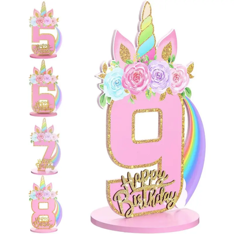 Wooden Number 9 Table Centerpiece for Girls' Unicorn Birthday, 11.8 Inch Shiny Rainbow Party Ornament